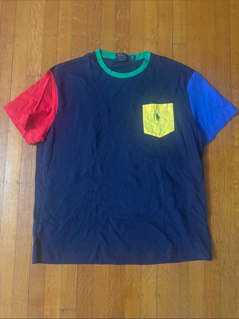 Polo by Ralph Lauren Navy Colorblock Tee with Yellow Pocket and Red/Blue Sleeves